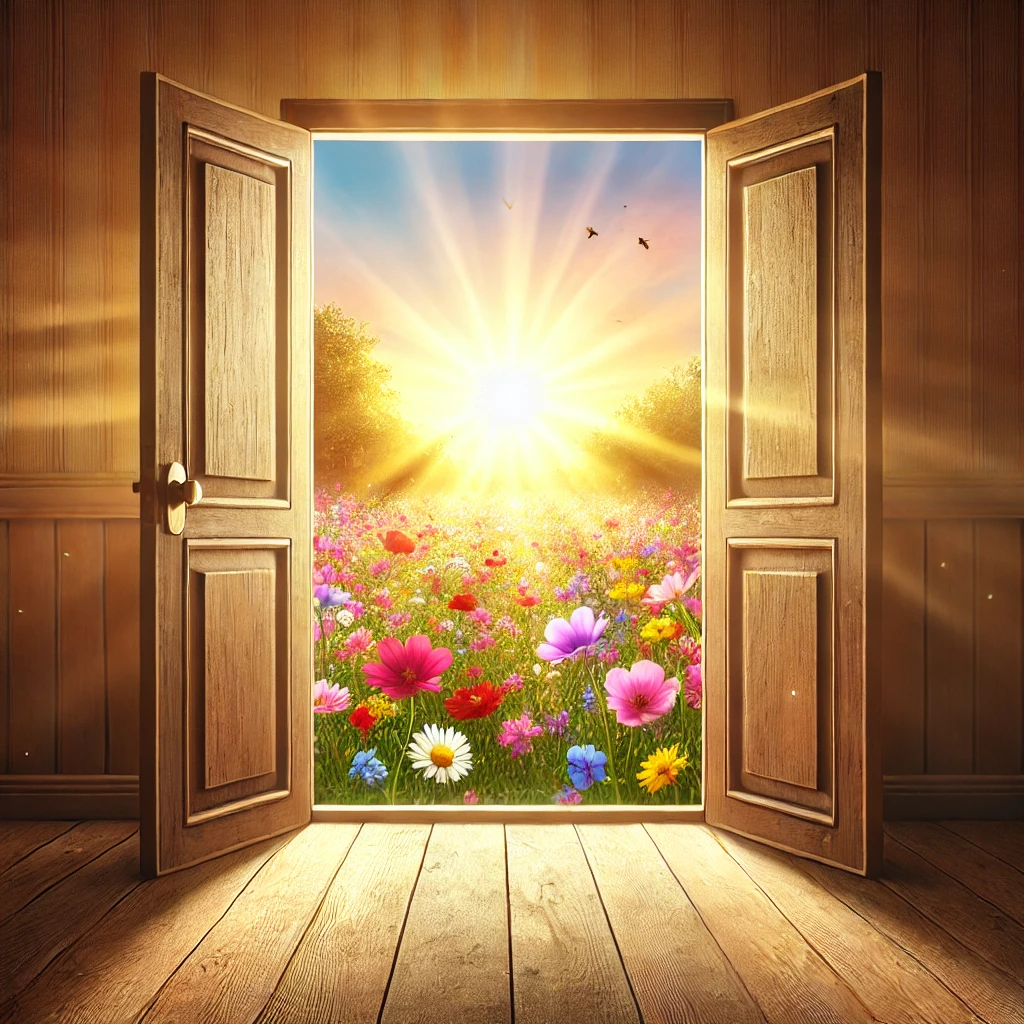 DALL%C2%B7E 2025 01 29 14.18.00 A wide open door revealing a beautiful sunlit meadow filled with colorful flowers. The scene represents new opportunities growth and a bright future erfüllende Selbständigkeit,Dozentenvermittlung,Berufliche Entwicklung,Business Coaching,Berater für berufliches Wachstum,Marita Kunath